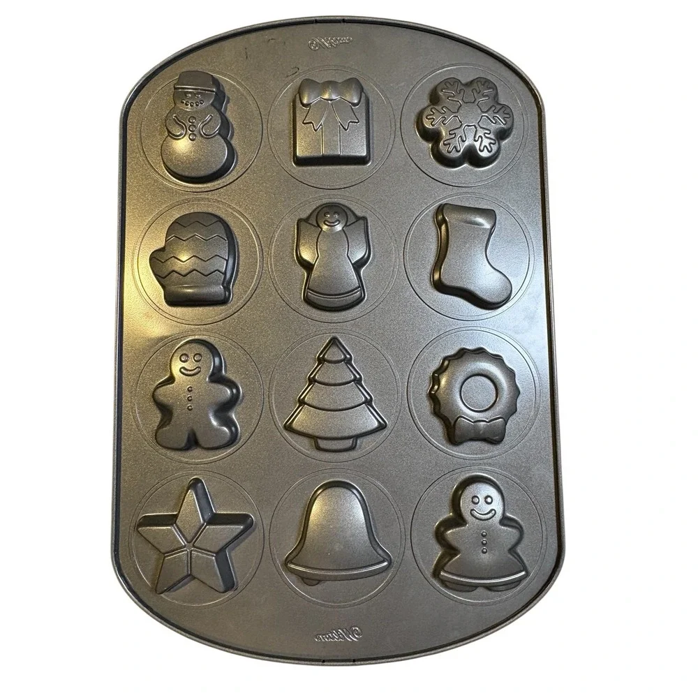 Wilton‎ Holiday Shapes Muffin Pan 12 Cavity Christmas Grey Non-Stick Baking Mold